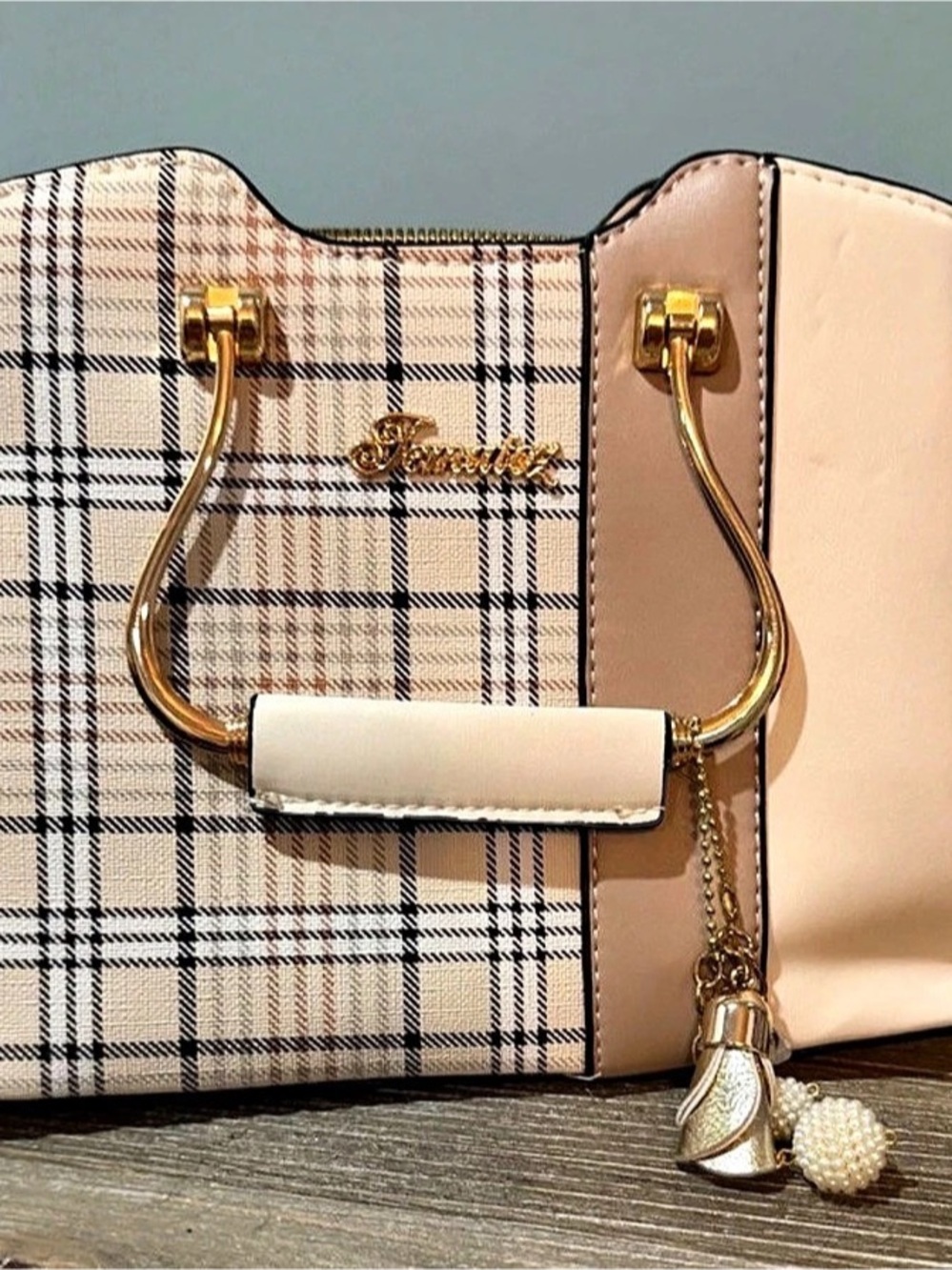 Plaid Tote in Pink & White Like New